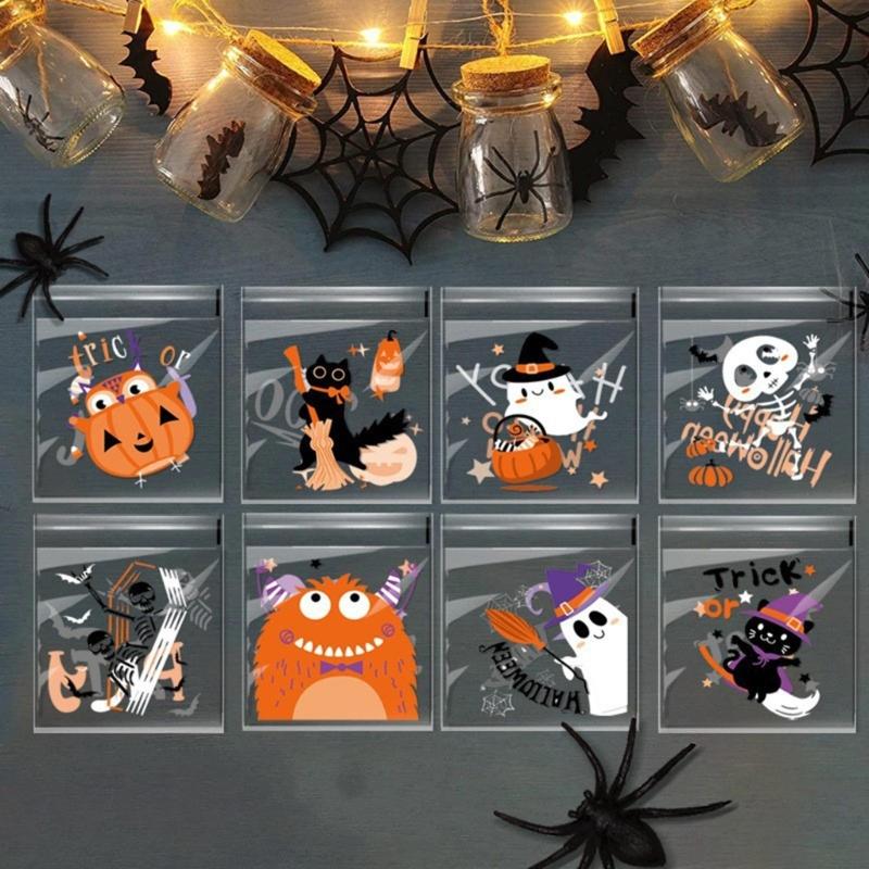 100pcs Halloween Candy Bag Self-adhesive Plastic Treat Bags for Cookie Snack Gift Clear Bags Set for Halloween Party