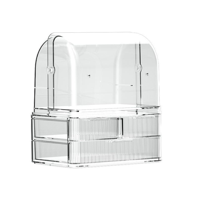 Elegancki dwuwarstwowy pyłoszczelny organizer na kosmetyki z uchylnym wiekiem na makijaż i pielęgnację skóry.