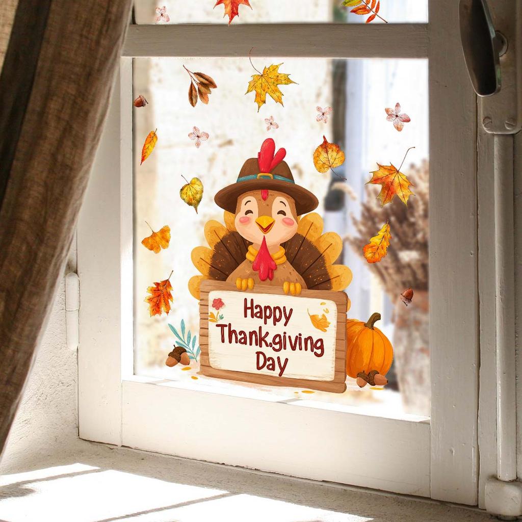 Retro-style Thanksgiving Turkey Window Sticker with Warm Elements. Self-adhesive, No Residue.
