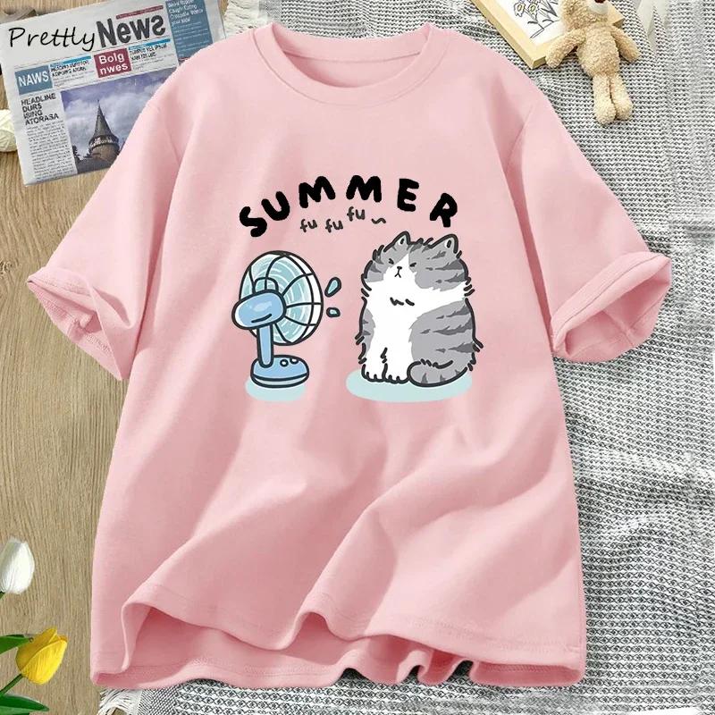 Summer Funny Cat and Fan Graphic T Shirts Women Men Short Sleeve T Shirt Harajuku Women's Clothing Female Streetwear Tops