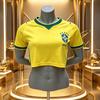 Maglia da Casa Brasile Crop Top Donna Estate Casual Manica Corta Fan di Calcio