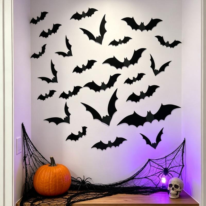 3D Fledermäuse Halloween Dekorationen Realistische Gruselige Fledermaus Aufkleber Wanddekorationen DIY Partyzubehör mit Flexiblem Gefaltetem Flügel für Ladenpräsentationen, Schulen,