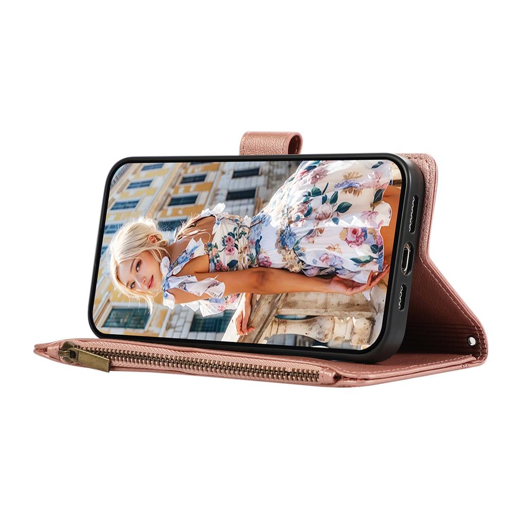 Etui do Oppo A6 Pro 5G z wieloma przegródkami na karty, zapinane na zamek, skórzane etui na telefon z paskiem na nadgarstek