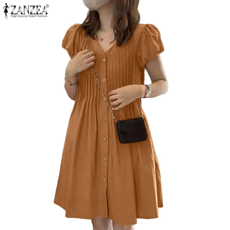 ZANZEA Women Casual V-Neck Summer Short Sleeve Dress