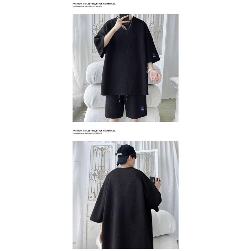 Men's Textured Letter Print Two-Piece Set Oversized Short Sleeve T-Shirt  Shorts Casual Streetwear