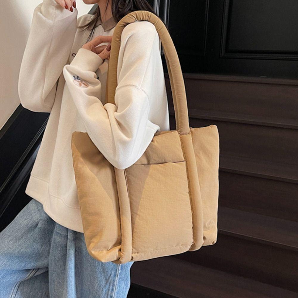 Korean Style Cotton-padded Tote Bag Solid Color Puffy Crossbody Bag Office Worker