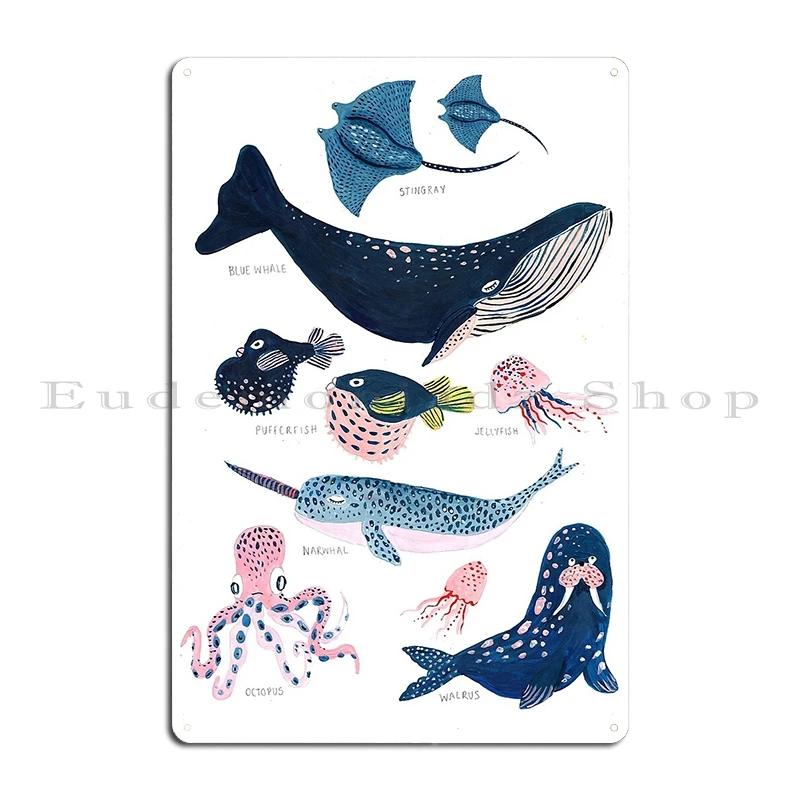 SEASHELLS SEA CREATURES SHARKS Poster with Names Metal Sign Cinema Decoration Pub Plaques Tin Sign Poster
