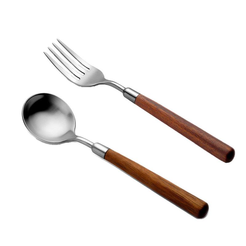 Imitation Walnut Handle Simple Texture Stainless Steel Spoon Fork Set Household Western Food Spoon High Value Tableware