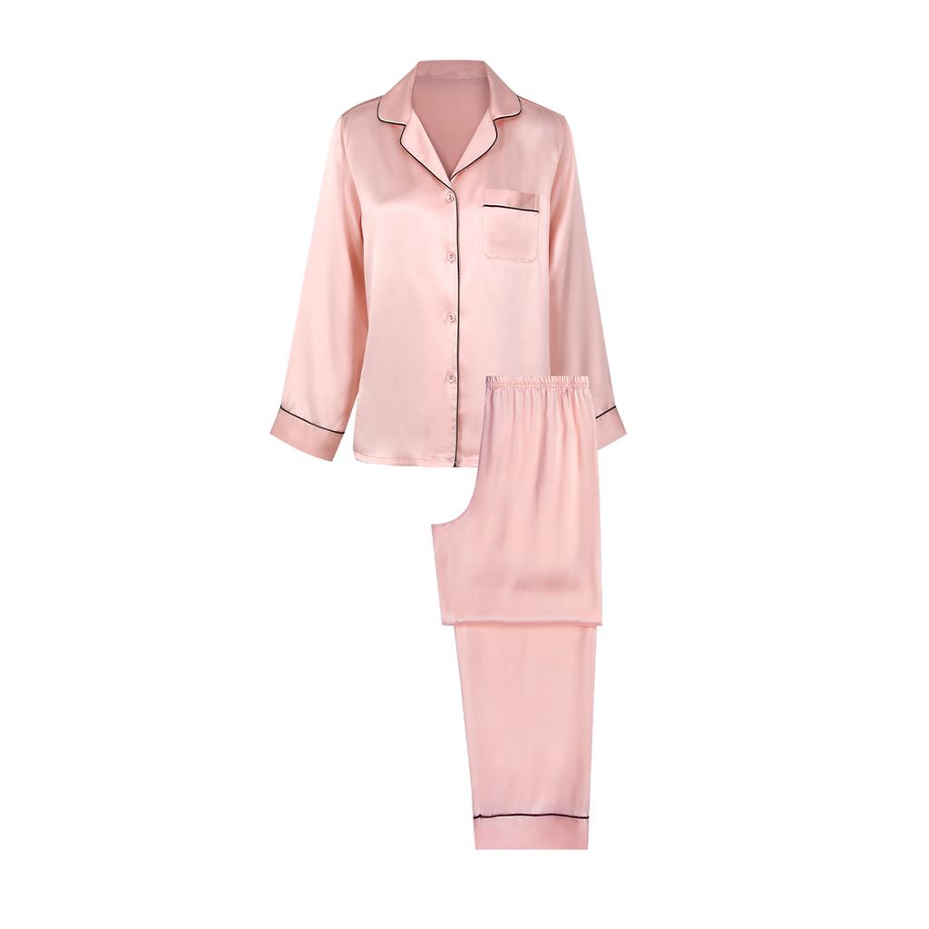 Set Pigiama in Seta da Donna tinta unita con revers manica lunga pantaloni basic comodo loungewear primavera