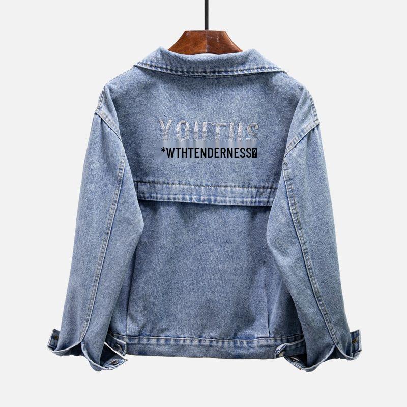 Women's Korean Style Embroidered Denim Jacket - Slimming, Loose Fit, Solid Black, Spring/Autumn Trend