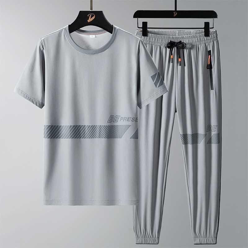 Summer Time Ice Silk Short Sleeve T-shirt Set Men's Casual Relaxed Breathable Sports Large Size