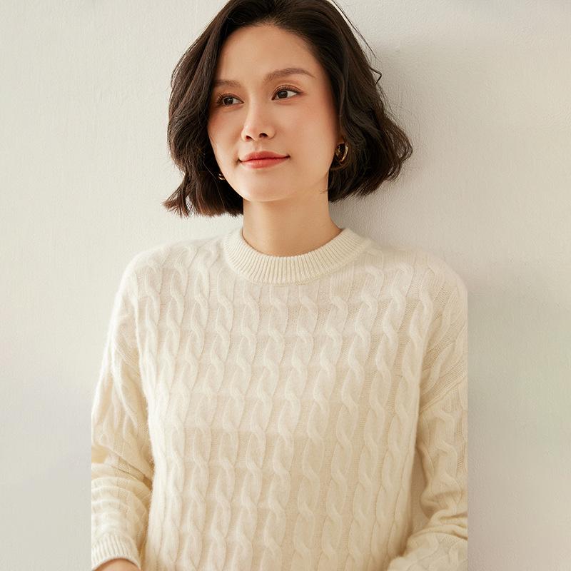 Women's Slim Fit Retro Cable Knit Cashmere Sweater - Round Neck Pullover, Base Layer for Autumn/Winter.