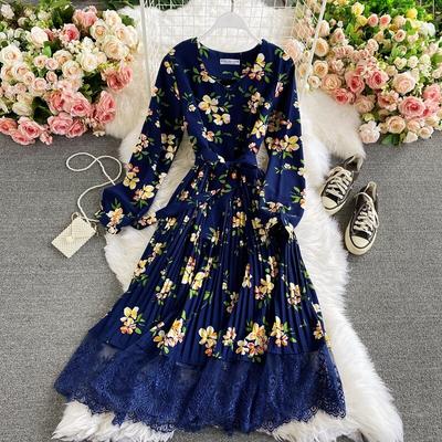 Retro floral com decote em v cintura renda costura vestido cor moda vestidos longos