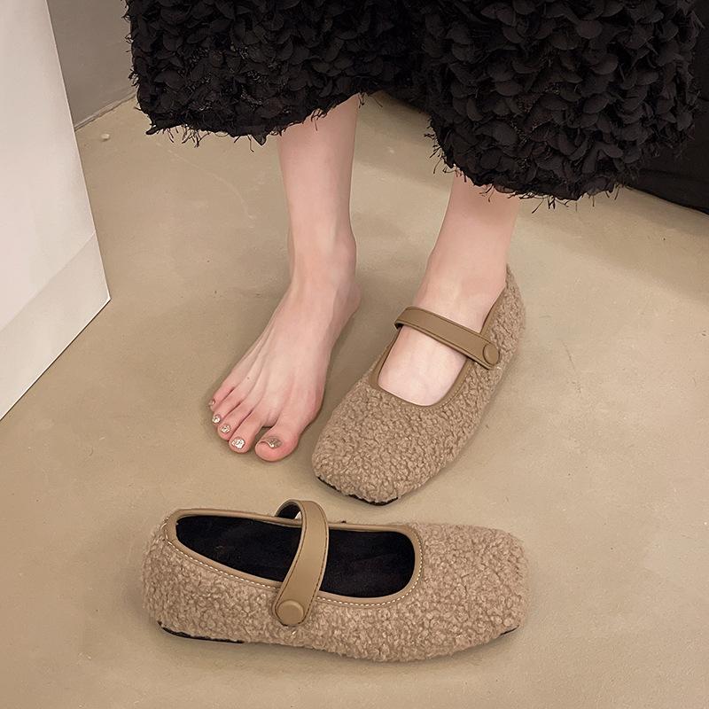 Autumn Winter French RetroTeddy Fur Mary Jane Women's Fur Flat Shoes Outerwear Simple and Fashionable Square Head Soft Loafers