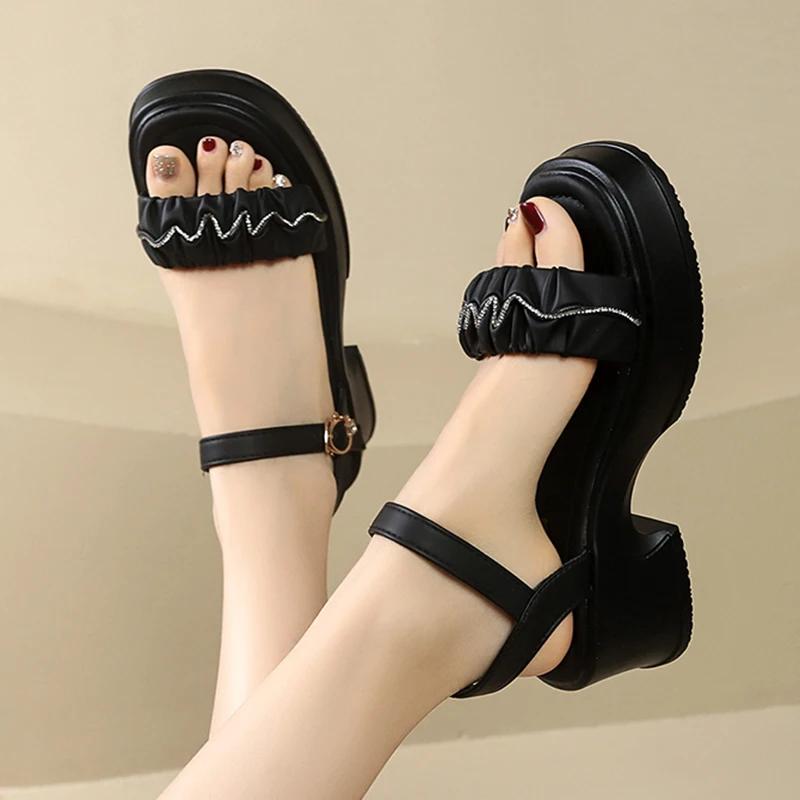 Fashion Pleated Pu Leather Platform Sandles Women 2025 Fashion Crystal Thick Sole Sandals Woman Ankle Strap High Heeled Sandals Female