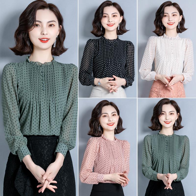 Šifonová košile Dámský letní outfit Volný Temperament Černý plísňový límec Puntíkatý Top Westernový styl Mulberry Hedvábný svetr Blůzy a košile