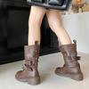 British Style Retro Medium Tube Knight Boots Women's 2025 Autumn and Winter New Soft Leather Thick Heel Belt Buckle Platform Fashion Boots