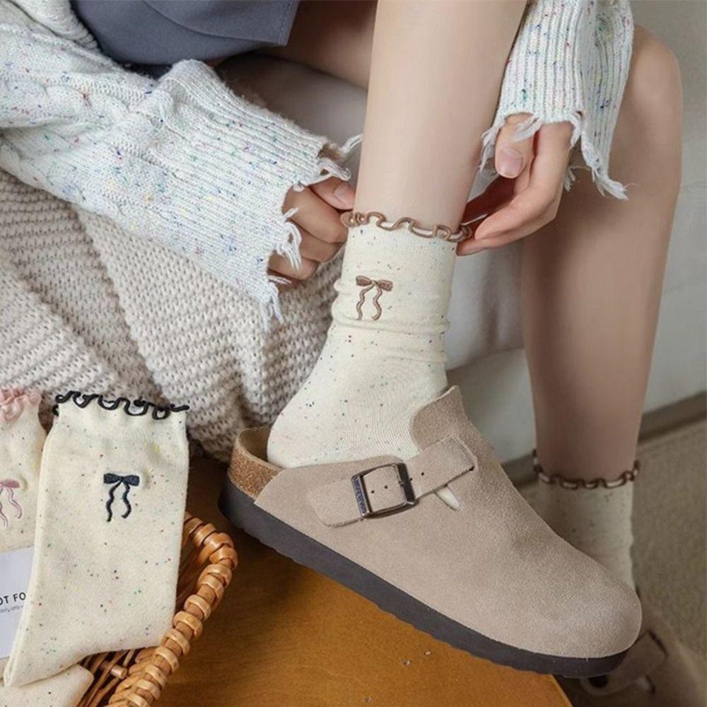 5 Paar Punkte Cartoon Socken Stickerei Wadenhoch Baumwollsocken Süße Schleife Socke Damen