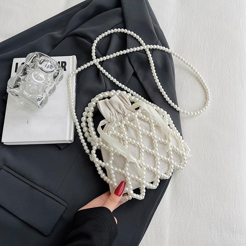 Vintage Top Handle Pearl Women Handbag Summer Hollow Out Beach Bucket Girl Shoulder Crossbody Bag