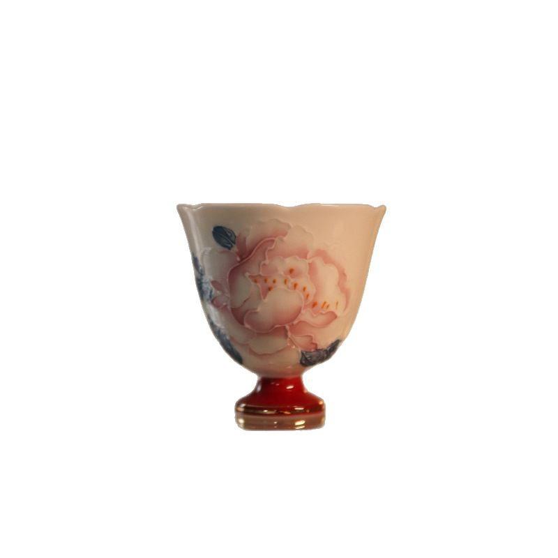 Pure handmade flower mouth master cup hand-painted stacking peony tea cup high-grade gold-painted tea cup Kung Fu tea