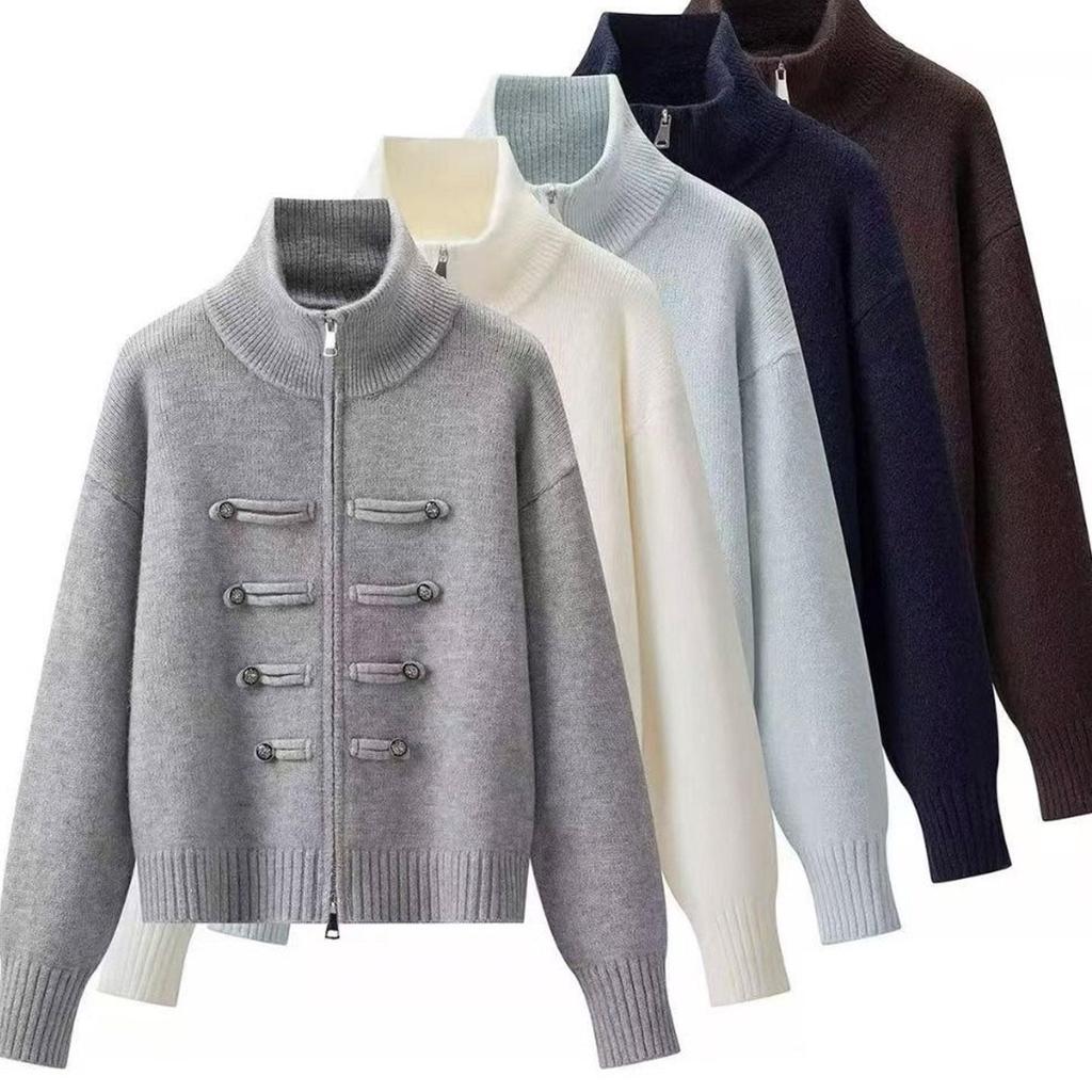 2026 Retro Chinese Style Frog Button Zipper Knit Cardigan - Women's Autumn/Winter Versatile Half-High Collar