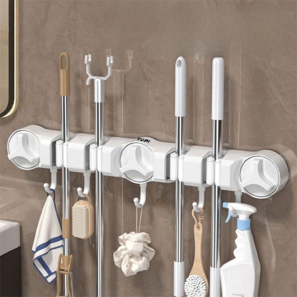 5 Hooks Wall-Mounted Mop Clip 4 Position Bathroom Broom Hanger Suction Cup Mop Holder Laundry Room
