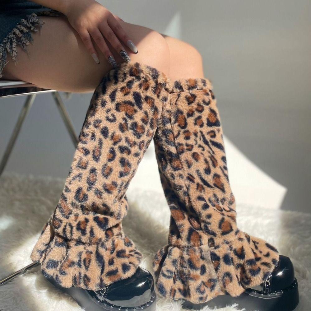 Y2K Furry Leg Warmers Leopard Print Plush Leg Coverings Vintage Winter Leg Warmers  Spicy Girls