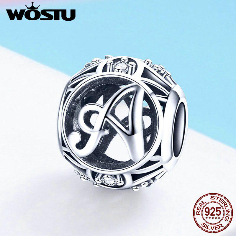 WOSTU Genuine 925 Sterling Silver Letter A-Z Beads Charm Fit Original Bracelet Necklace DIY