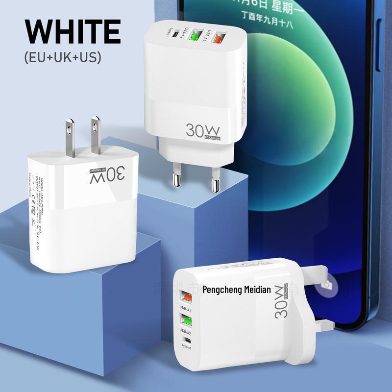 30W PD20W + QC3.0 Mobile Charger: 1 Type-C & 2 USB Ports, Fast Charging, EU/US/UK Compatible