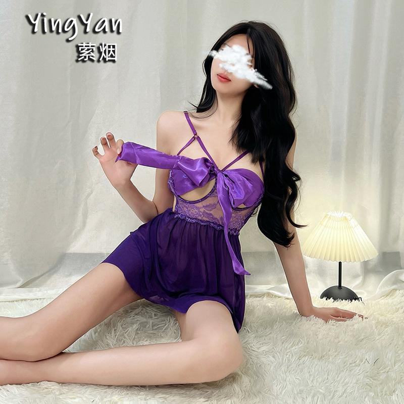Large Size Sexy Lingerie Lace Butterfly Pajamas Loungewear Sexy Steel Tray Gathering Nightgown Women's Hot Uniform