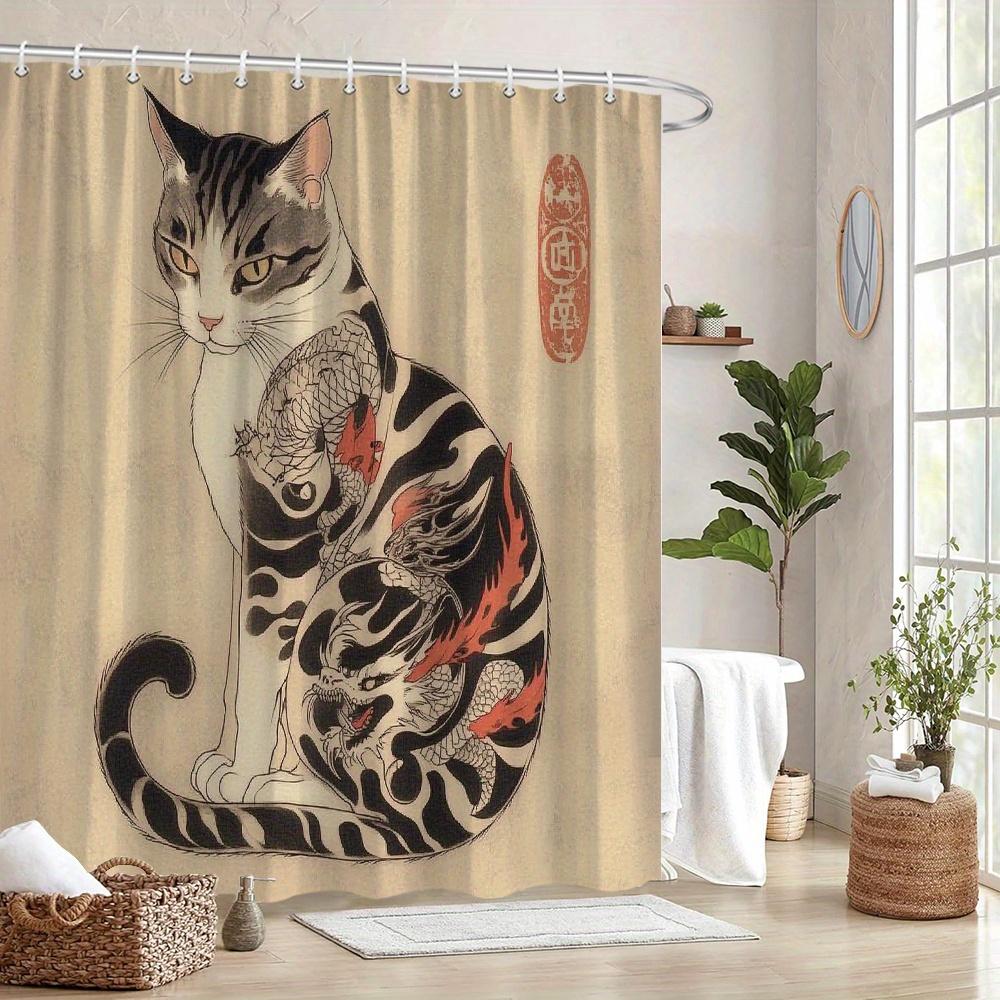 Ukiyo-E Cat Shower Curtain 180X180Cm – Black White Striped Cat With Dragon, Edo Period Art Bathroom Decor, 12 Hooks