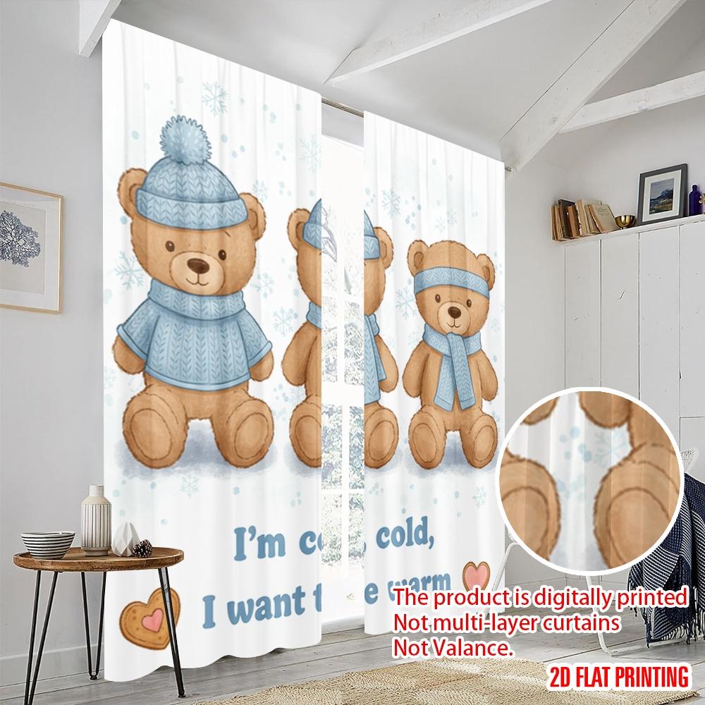 2pcs 2D flat printing Curtains Winter Teddy Bears Cozy Warm Polyester Without Electricity Festive Holiday Perfect for room decor