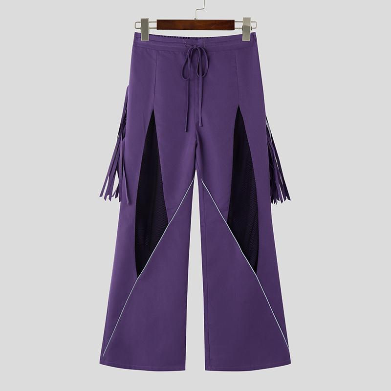 INCERUN Pánské dlouhé kalhoty se stahovací gumou v pase, ležérní kalhoty s třásněmi, patchwork ze síťoviny