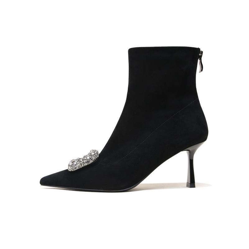 Francouzské špičaté čtvercové přezky tenký podpatek krátké kozačky dámské 2025 podzim a zima nové kamínkové vysoký podpatek elastické tenké kozačky