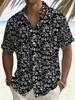 Men'S Black Floral Plus Size Short Sleeve Shirt, Summer Casual Vacation Style Print Top, Quality Breathable Lapel Shirt