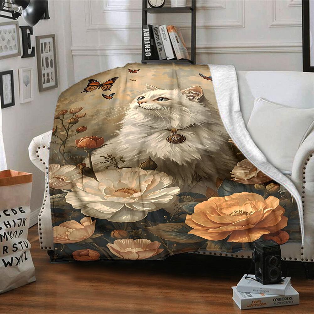 1pc cat, flowers blanket Lightweight Flannel Throw for Sofa Bed Travel Camping Livingroom Office Couch Chair