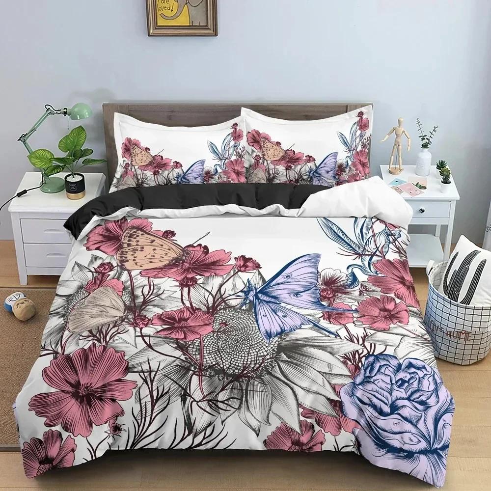 Butterfly Duvet Cover King Queen Size Animal Floral Bedding Set For Teens Adults Beautiful Flower Polyester Quilt Cover Top