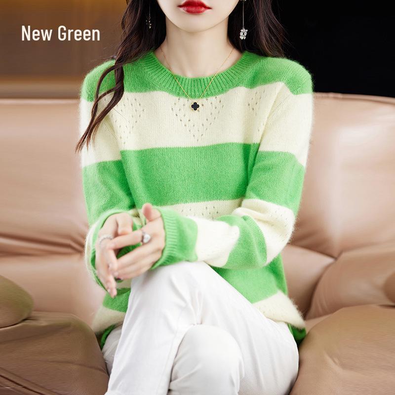 Women's Thickened Mink Velvet Striped Sweater for Autumn/Winter - Round Neck, Long Sleeve Knit Base Layer
