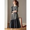 Chic French Patchwork Knit Dress for Women - Autumn/Winter 2025 Slimming Wool Base Layer with Tie-Up Detail