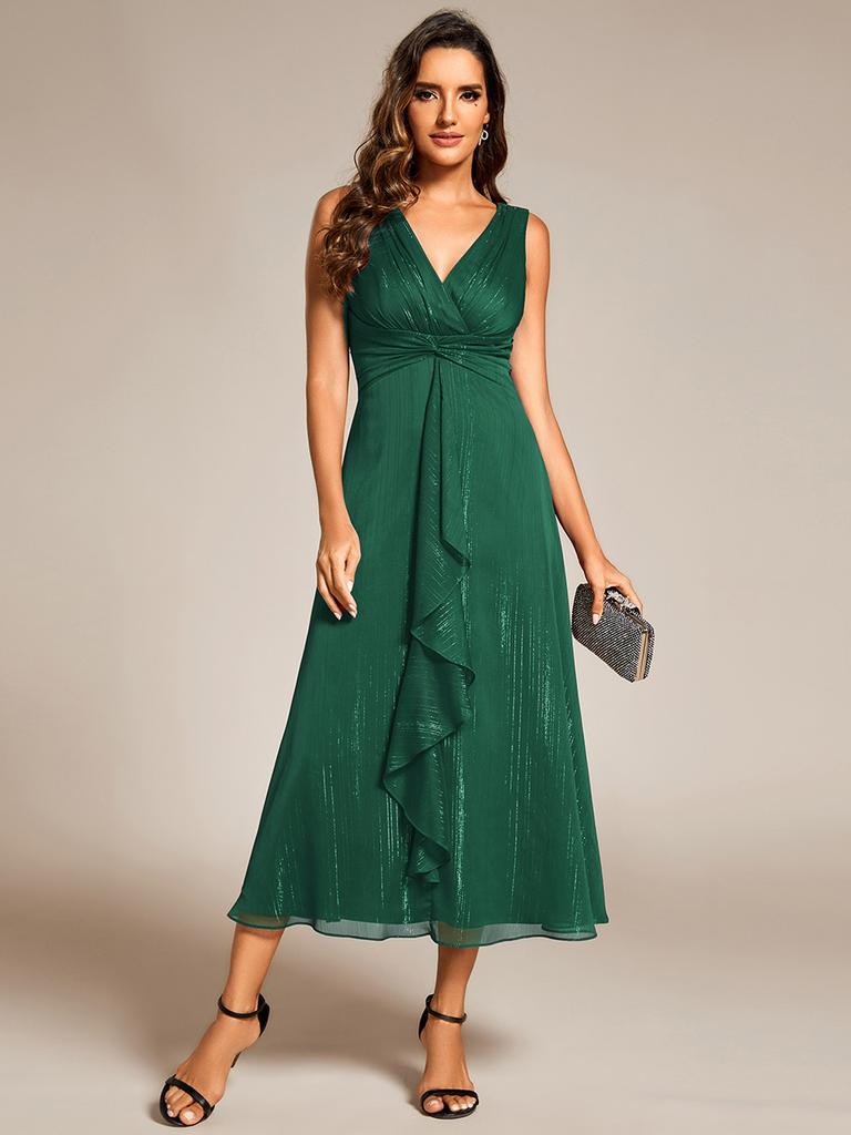 Ever-Pretty Women's V-Neck Sleeveless Empire Waist Twist Knot A-Line Lotus Leaf Shimmering Wedding Guest Dress