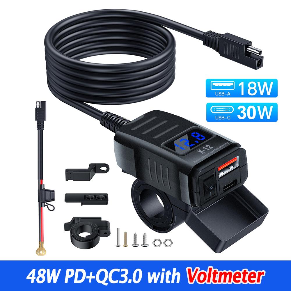 48W PD QC3.0 Motorcycle Charger Dual Ports with Voltmeter & Switch 12V-24V USB Type C Waterproof SAE Handlebar Power Adapter