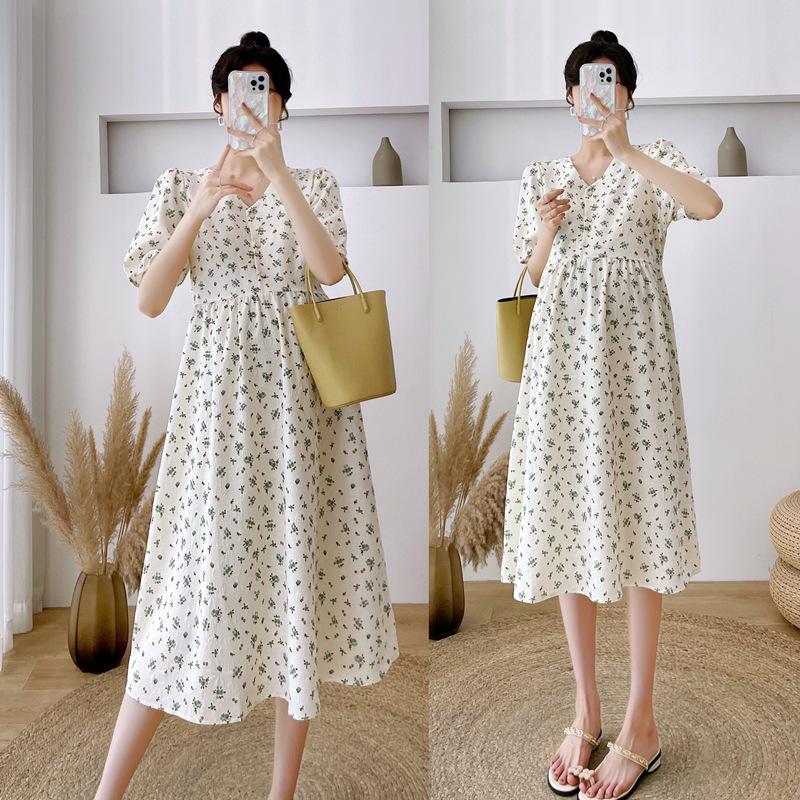 High-End Floral Maternity Midi Dress for Summer: Pregnancy & Breastfeeding Friendly