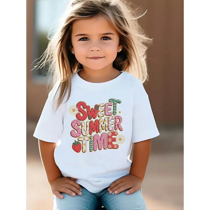 European Size Girls Round Neck Short Sleeved T Shirt with Unique English Print  Sweet Summer Time