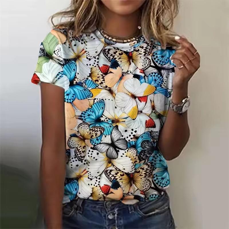 Summer Casual Short Sleeved Round Neck Top with 3D Printed Colorful Butterfly Pattern Women's T-shirts