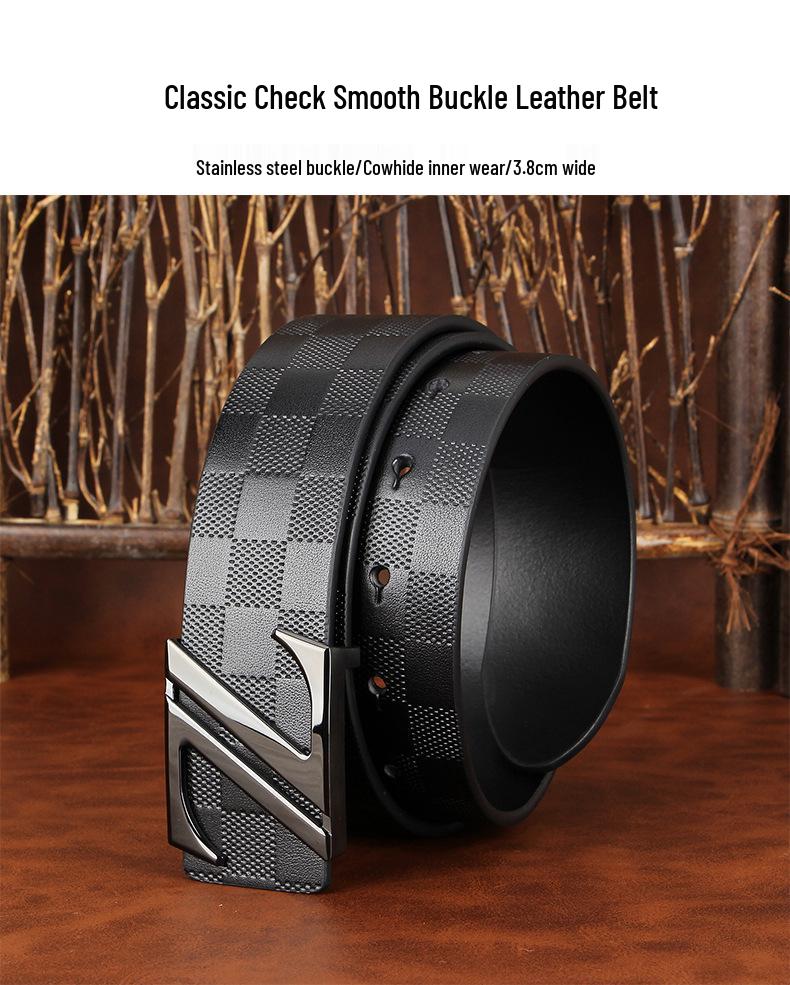 Men's Plaid Cowhide Belt with Stainless Steel Smooth Buckle