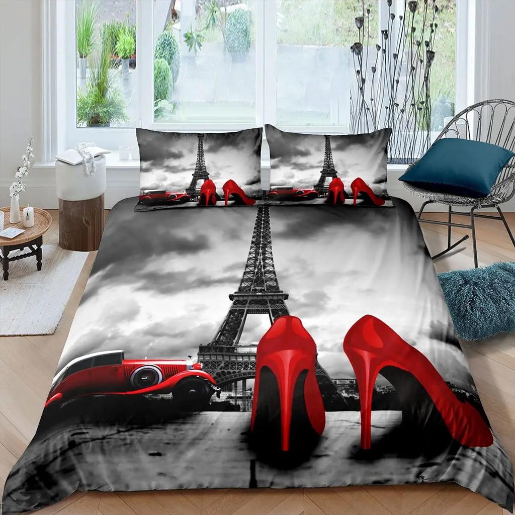 Housse de Couette Tour Eiffel Romantique Moderne Bâtiment de Ville de Paris Rouge et Bleu Housse de Couette pour Couple Accessoires Décor pour Adolescente