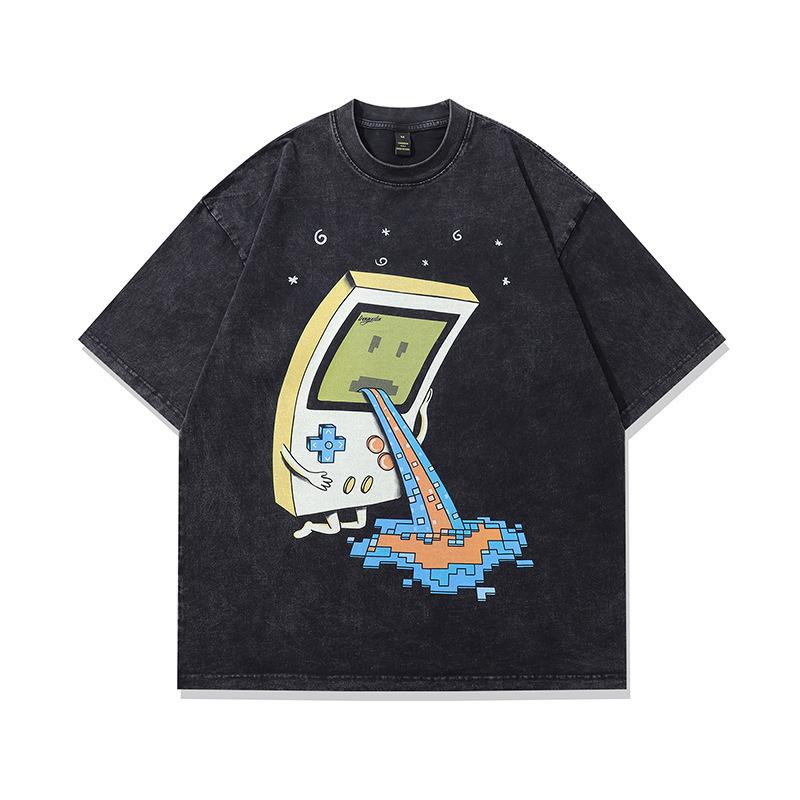 Shirt Short Sleeve Loose Men'S Men'S Shirt Washed T Street Summer Printing Cartoon T Straight Cotton