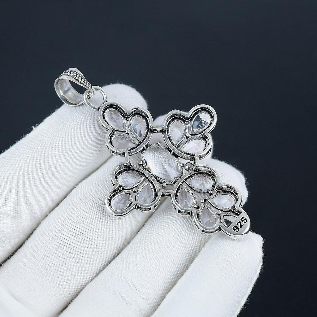 White Topaz Gemstone Silver Cross Pendant in 925 Sterling Silver - Handmade Pear Design, Everyday Wear Jewelry Father Day Gift