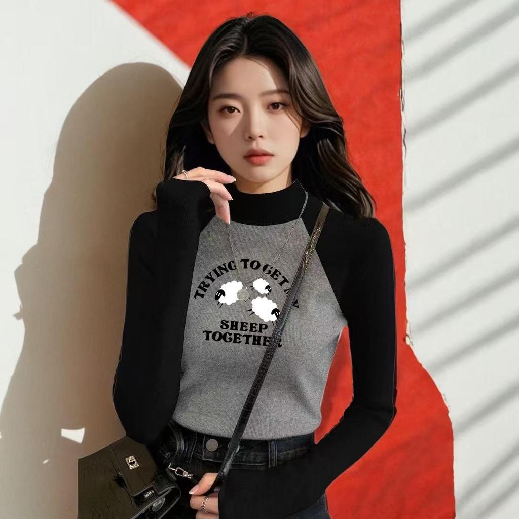 Women's Chic Velvet Raglan Color Block Slimming Long Sleeve Stand-up Collar T-Shirt