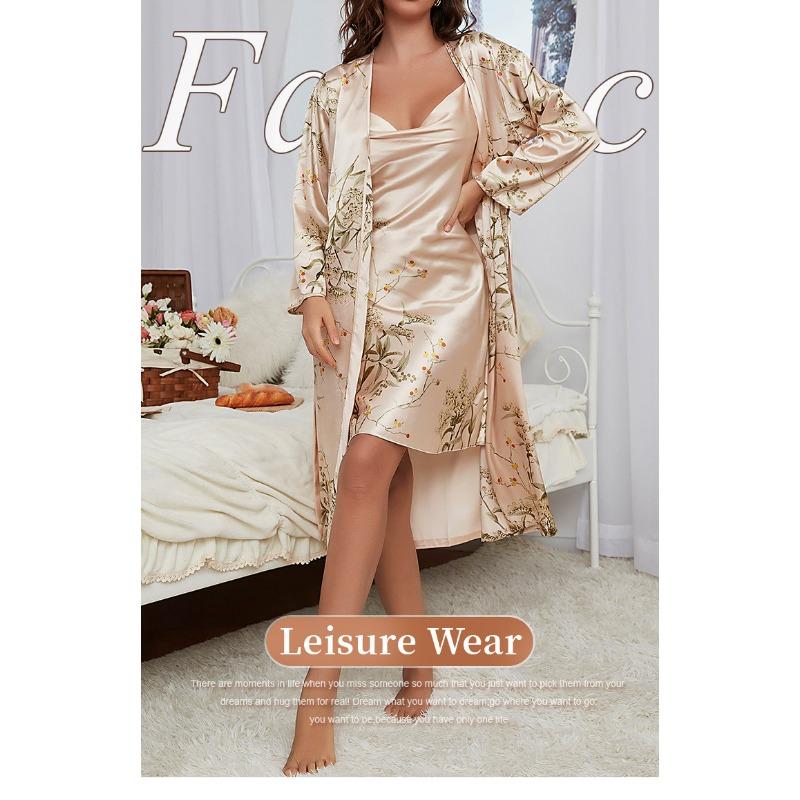 

Жіночий набір халатів, тонка, довга нічна сорочка, нічна сорочка, нічна сорочка, піжама з двох предметів, з принтом 5XL шампанського